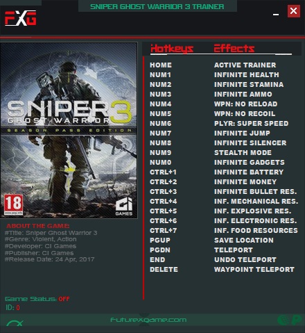 Sniper : Ghost Warrior 3 v1.8 (64Bits) Trainer +19
